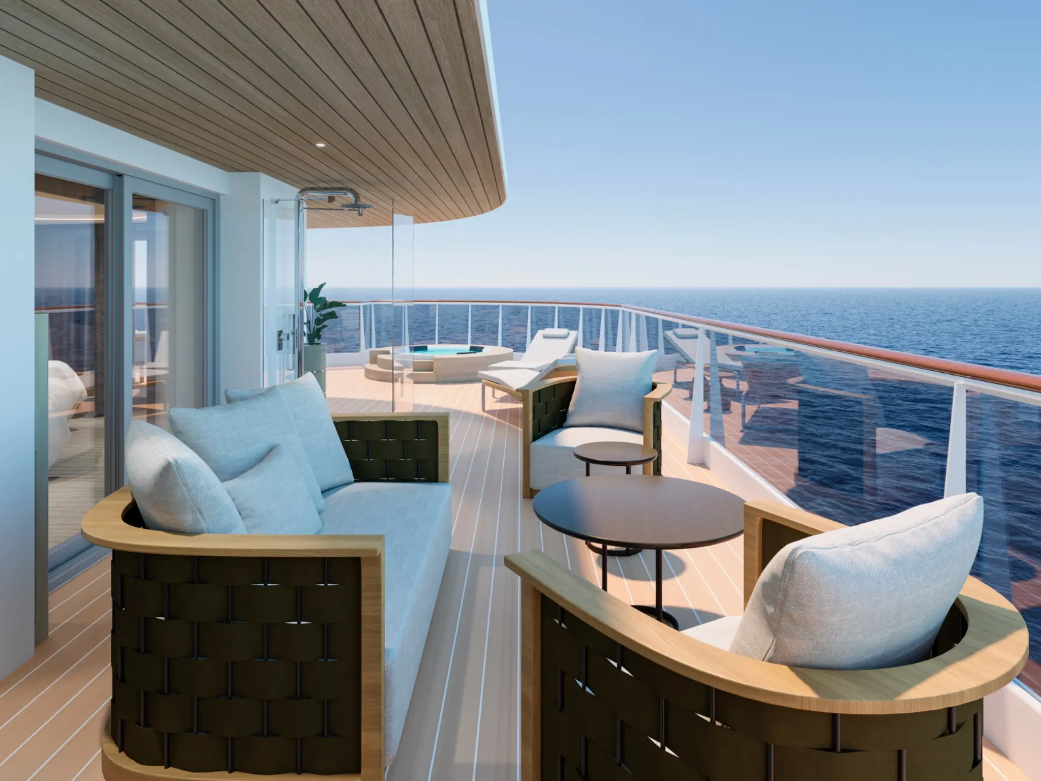 Artist rendering of the terrace and private whirlpool of a Cocoon Residence aboard EXPLORA III or IV