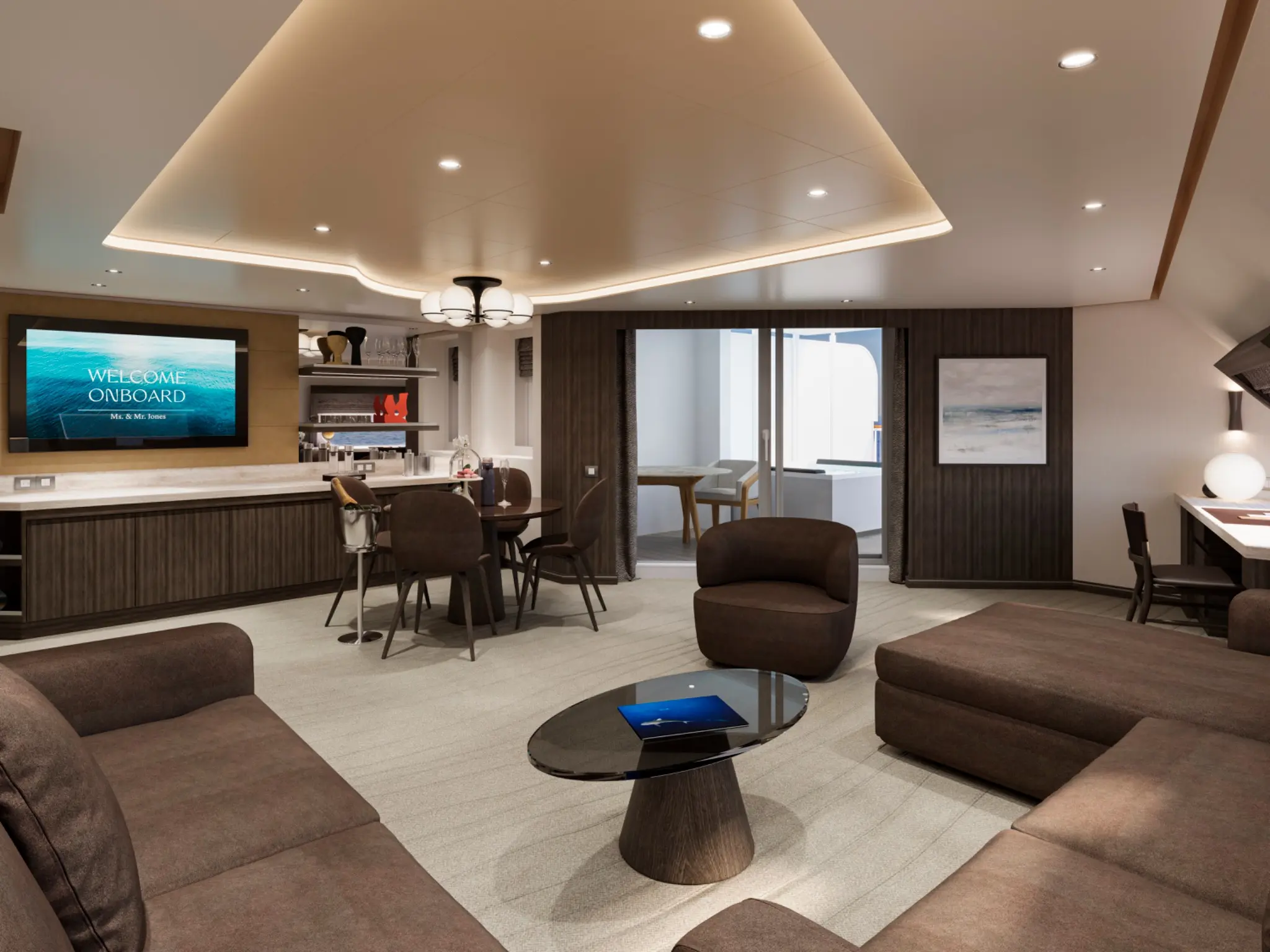 Artist rendering of a Retreat Residence living area aboard EXPLORA III or IV