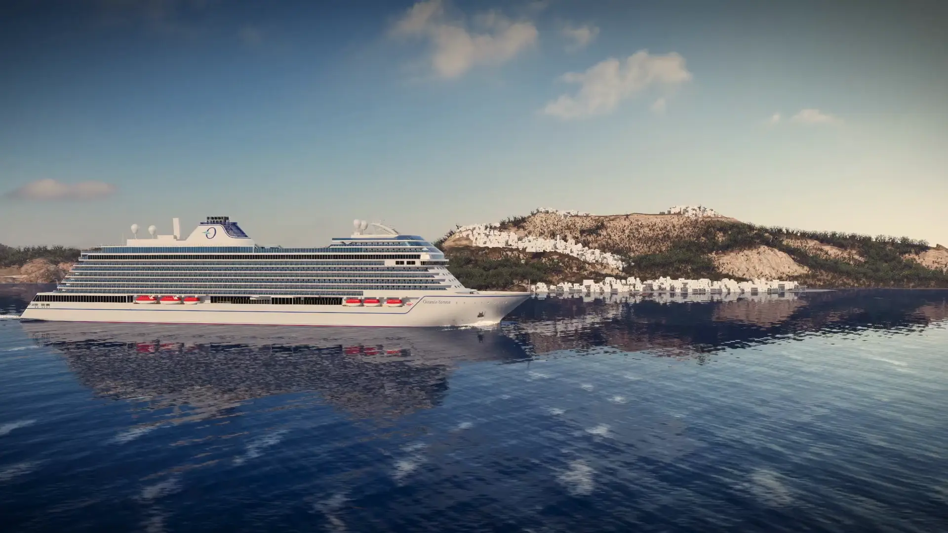 Artist rendering of Oceania Sonata sailing near a coastal city