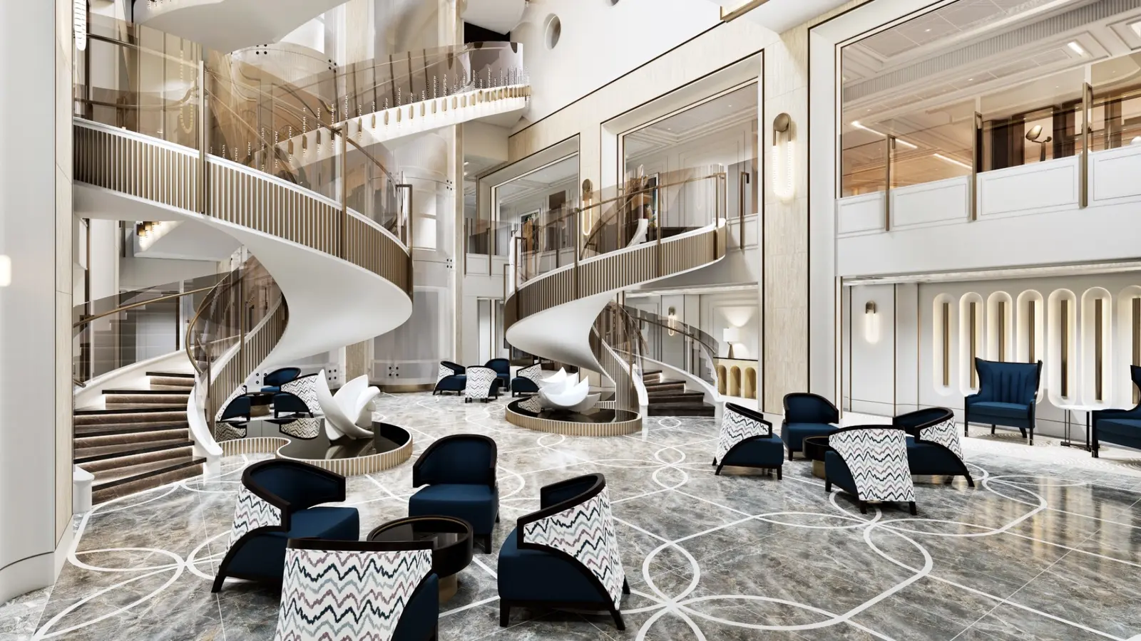 Artist rendering of the Starlight Atrium aboard Seven Seas Prestige