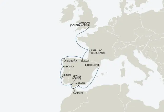 Map of the May 11, 2027 Seven Seas Prestige itinerary from Barcelona to London