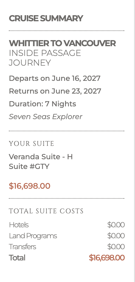 Regent Seven Seas Explorer Alaska fare summary for two guests in a guaranteed Veranda Suite H
