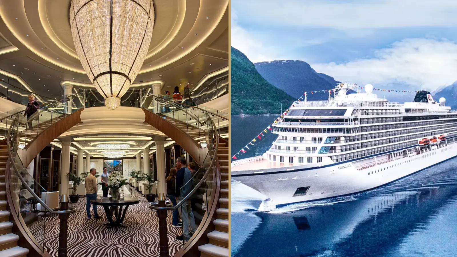 Seven Seas Explorer atrium beside a Viking ocean ship for a Regent versus Viking comparison