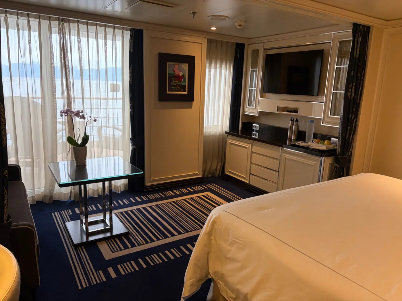 Elegant luxury cruise suite for a Regent Seven Seas and Silversea comparison