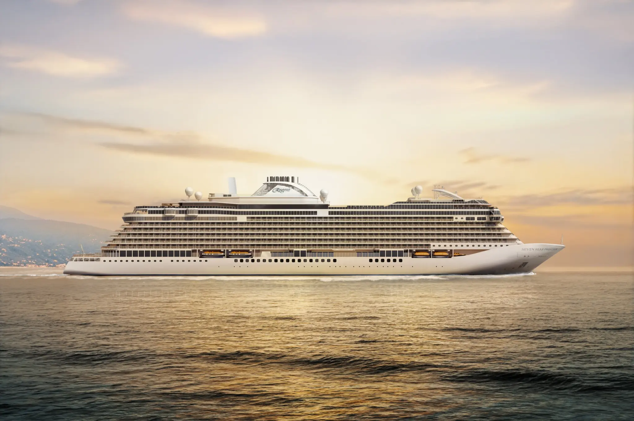 Artist rendering of Seven Seas Prestige sailing at sunset