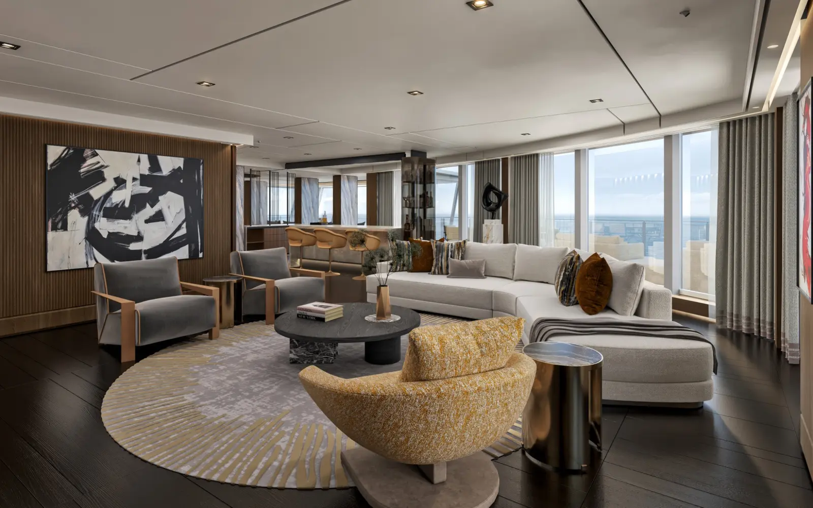 Artist rendering of the Skyview Regent Suite living room aboard Seven Seas Prestige