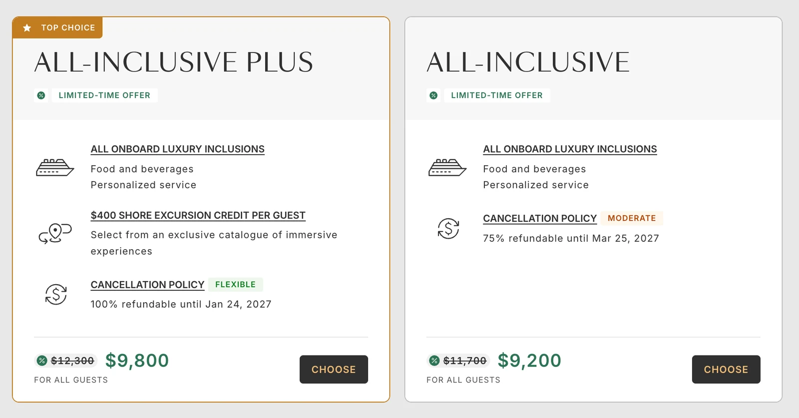 Example Silversea All-Inclusive Plus and All-Inclusive fare comparison showing prices, excursion credit, and cancellation policies