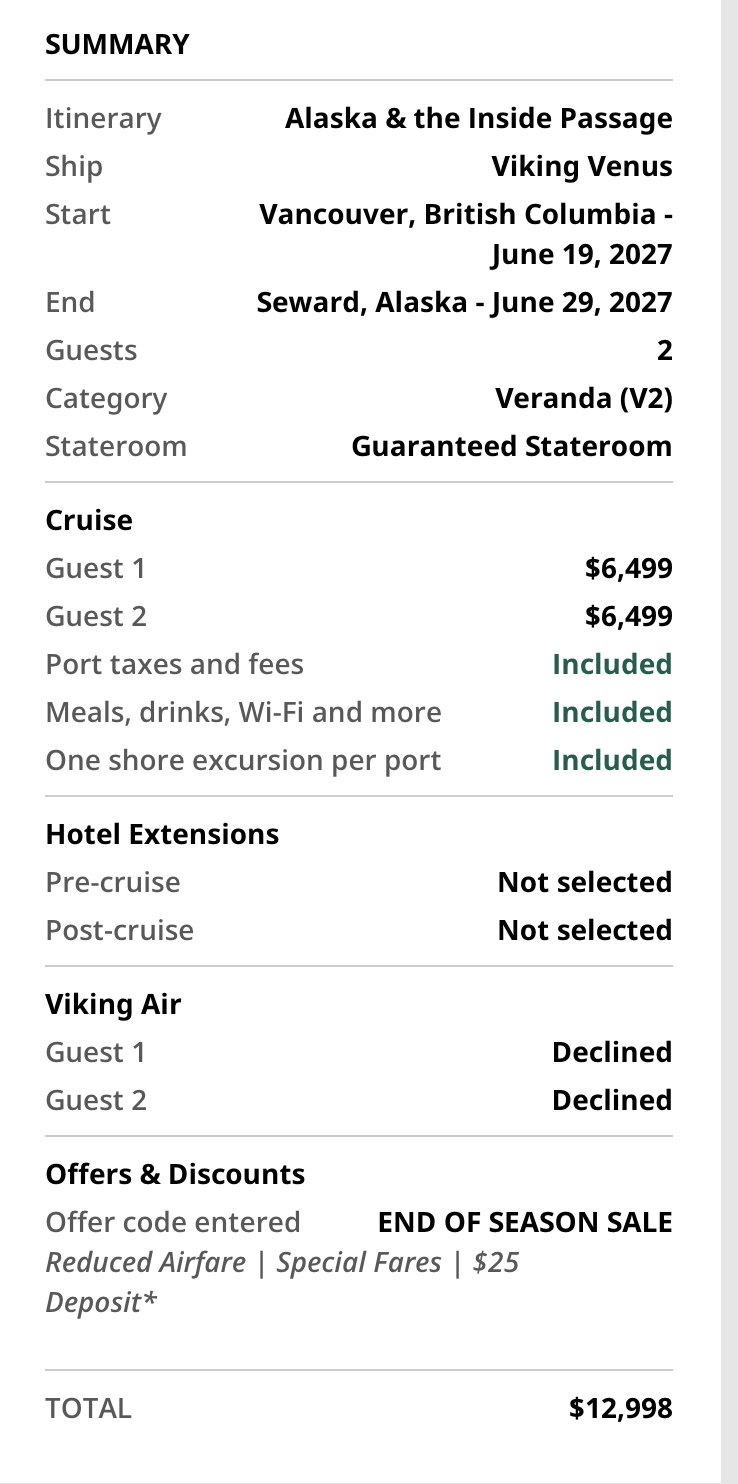 Viking Venus Alaska fare summary for two guests in a guaranteed Veranda V2 stateroom