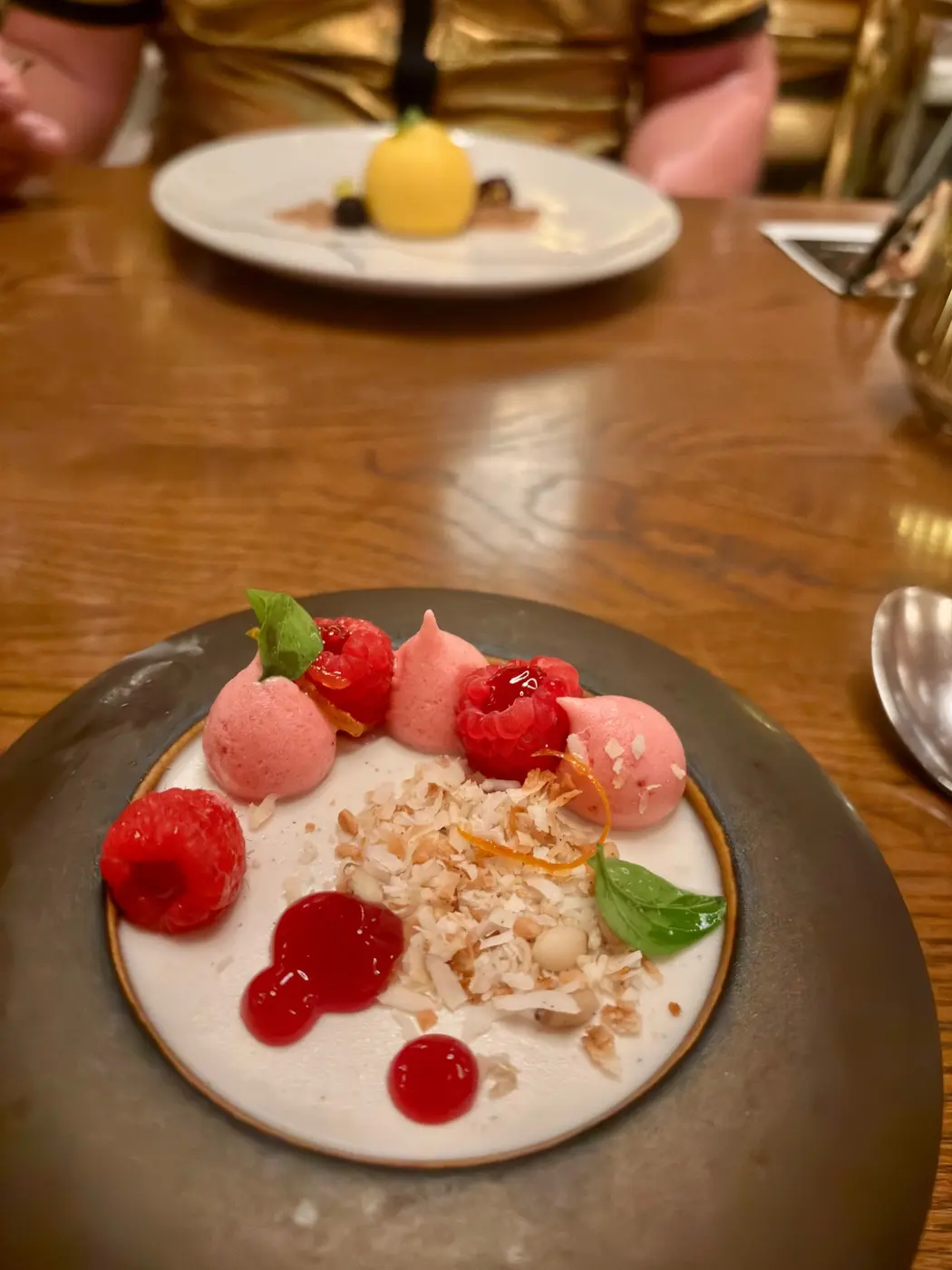 Raspberry dessert served aboard Virgin Voyages