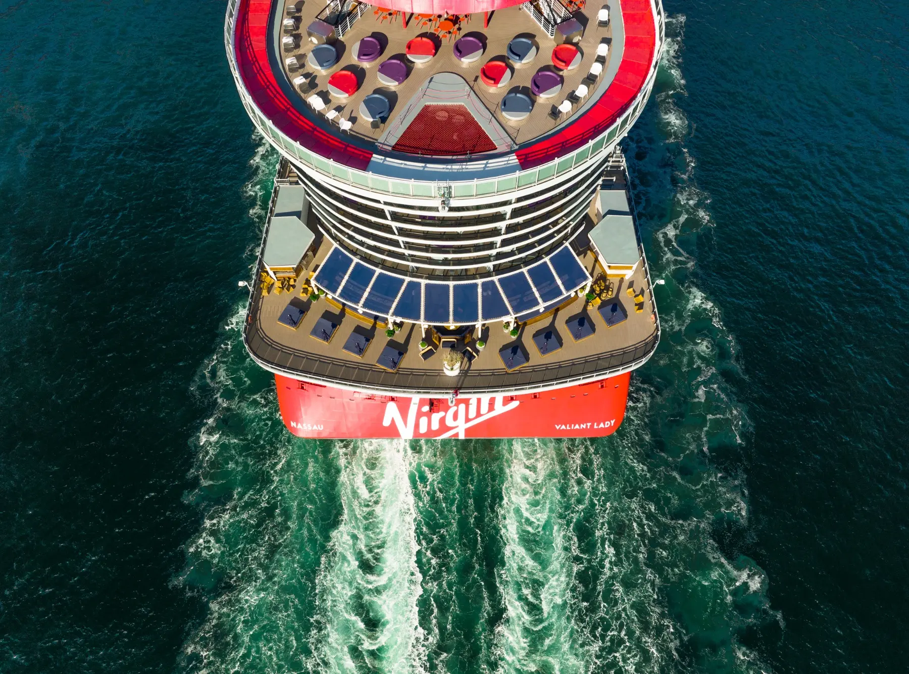 Aerial stern view of Valiant Lady sailing